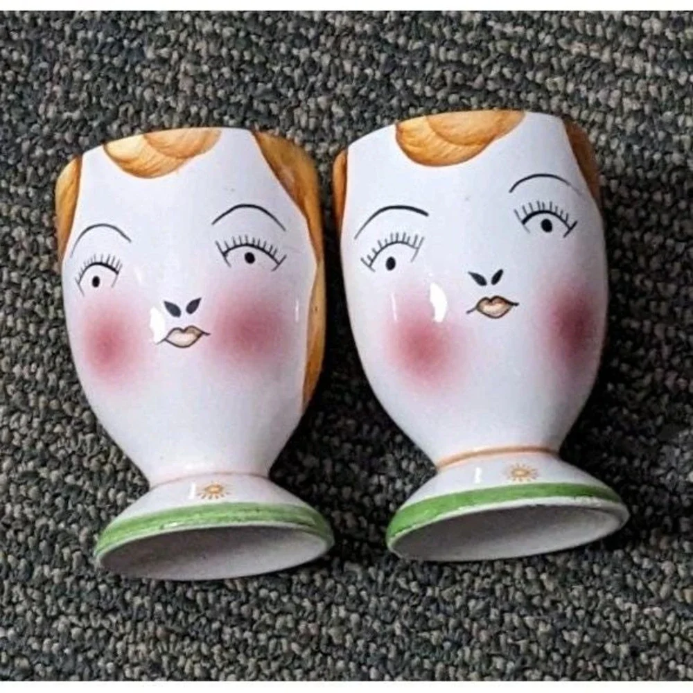Pair Of Vintage Hand Painted Lady Face Ceramic Egg Cup Holders Unique
